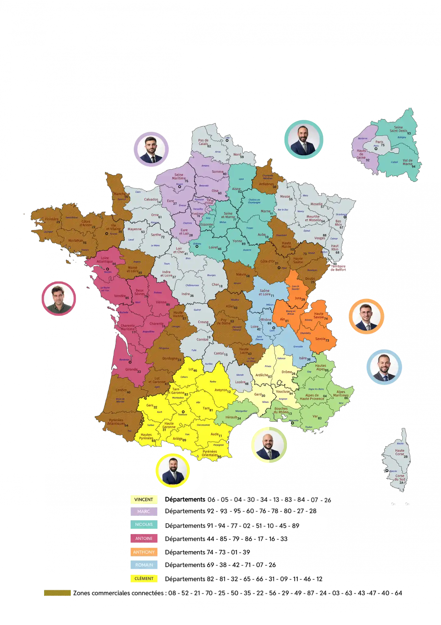carte de répartition des zones d'action des commerciaux Vy&Co pour la pose de moquette de pierre